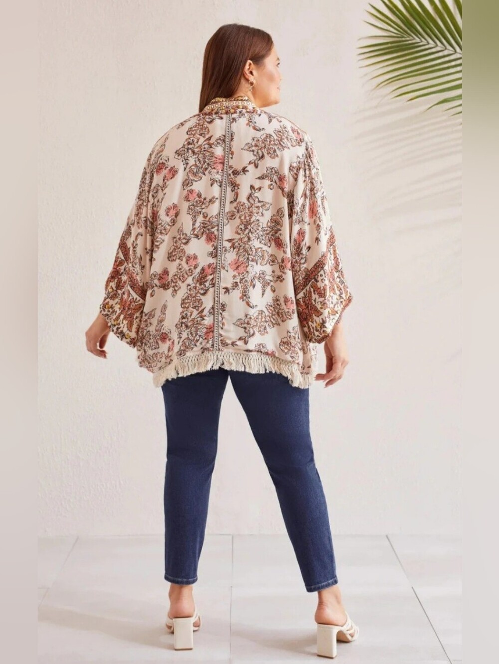 Tribal JEANS S/M-Tribal Women's Embellished Kimono in a botanical coral cashew